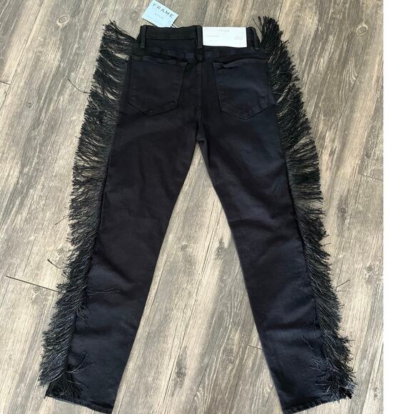 NWT FRAME Le High Straight Black Fringe Jeans Sz 27 Luxury Denim Edgy Western - Picture 3 of 5